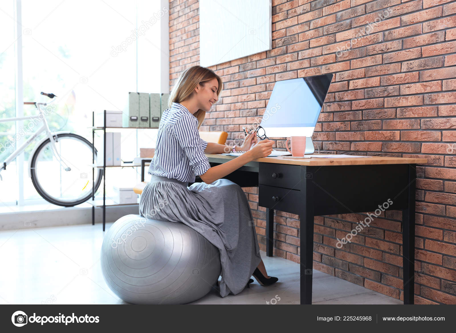 Beautiful Businesswoman Sitting Fitness Ball Desk Office Workplace