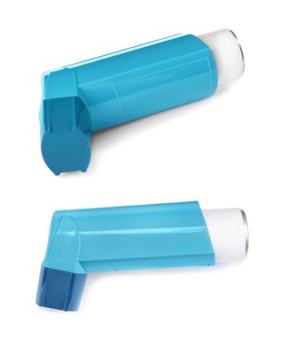 Astım inhaler ile beyaz arka plan üzerinde ayarlayın. İlk yardım