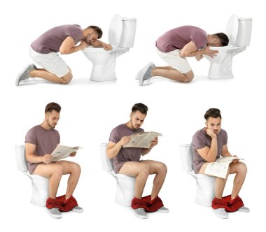 Klozet beyaz arka plan üzerinde kullanan genç adam ile ayarla