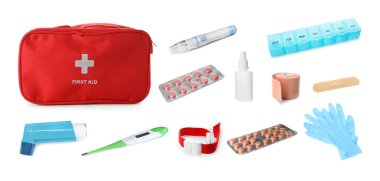 Medical items and red case on white background. Packing first aid kit clipart