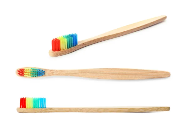 Conjunto Com Escova Dentes Bambu Fundo Branco — Fotografia de Stock