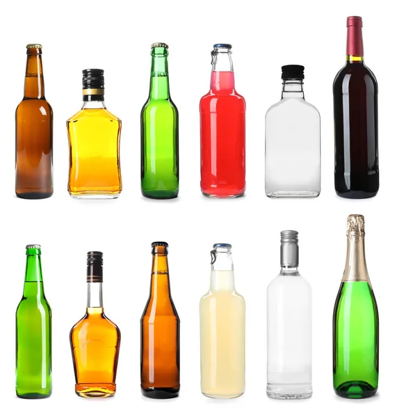 Set Botellas Con Diferentes Bebidas Sobre Fondo Blanco — Foto de Stock