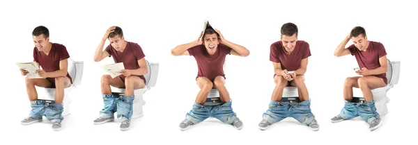 Set Mit Jungen Mann Mit Toilettenschüssel Auf Weißem Hintergrund — Stockfoto