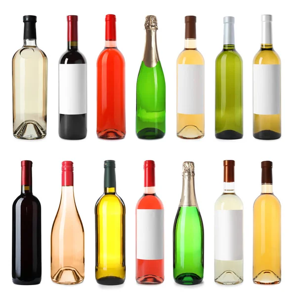 Набір Пляшок Різними Напоями Білому Тлі — стокове фото