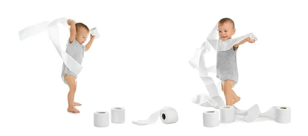 Set Cute Little Boy Toilet Paper White Background — Stock Photo, Image