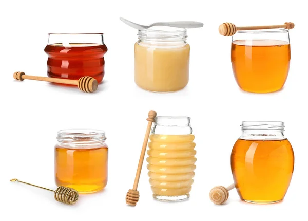 Set Different Types Sweet Honey White Background — Stock Photo, Image