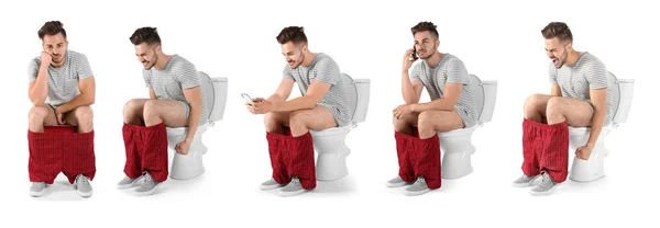 Set Avec Jeune Homme Utilisant Bol Toilette Sur Fond Blanc — Photo