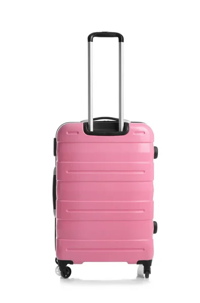 Trendiger Rosa Koffer Auf Weißem Hintergrund — Stockfoto