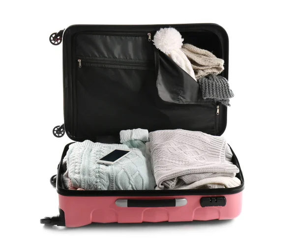 Packed Suitcase Warm Clothes Smartphone White Background Space Text — Stock Photo, Image