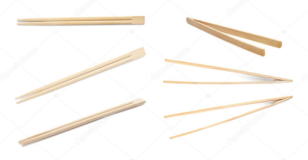 Set with bamboo chopsticks on white background