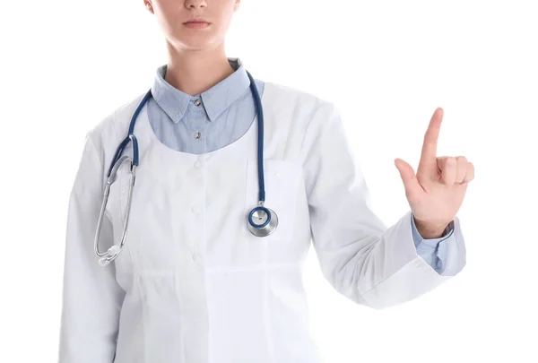 Kvinnliga Läkare Pekar Vit Bakgrund Närbild — Stockfoto