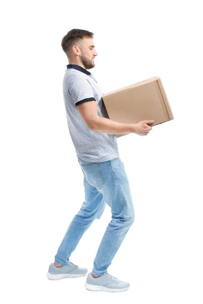 Retrato Comprimento Total Jovem Carregando Caixa Papelão Fundo Branco Conceito — Fotografia de Stock