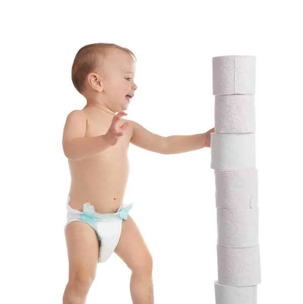 Schattig Peuter Toiletpapier Toren Witte Achtergrond — Stockfoto