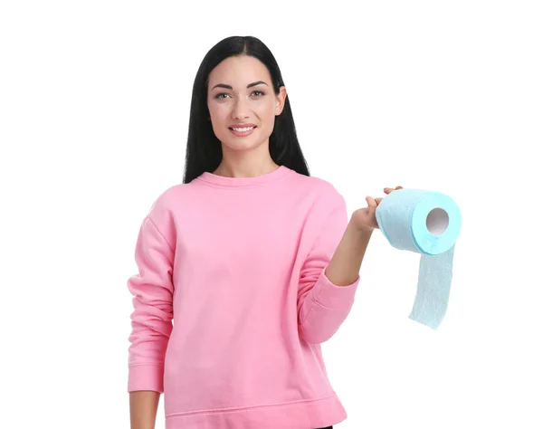 Красивая Женщина Держит Рулон Туалетной Бумаги Белом Фоне — стоковое фото
