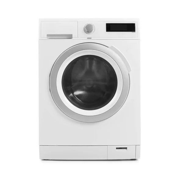 Máquina Lavar Roupa Moderna Fundo Branco Dia Lavandaria — Fotografia de Stock