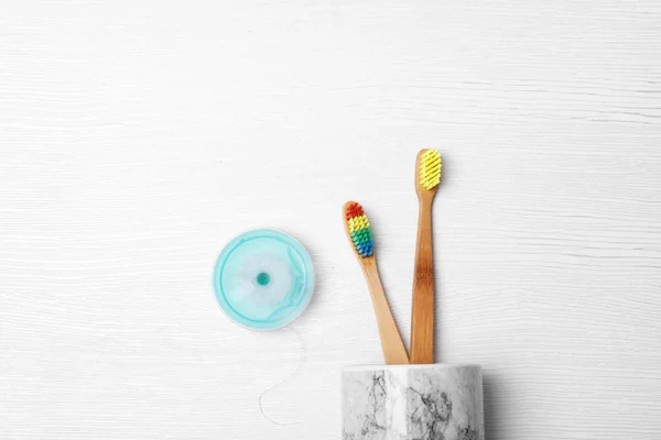 Flat Lay Composition Bamboo Toothbrushes White Wooden Background — Stock Photo, Image