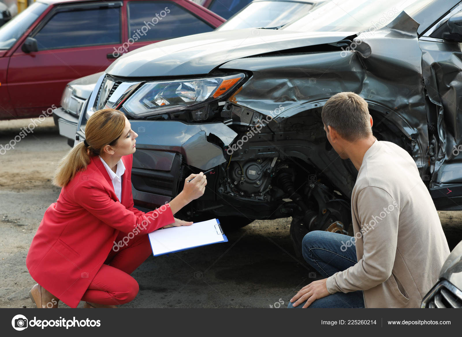 Man Reporting Insurance Agent Filling Claim Form Broken Car Outdoors