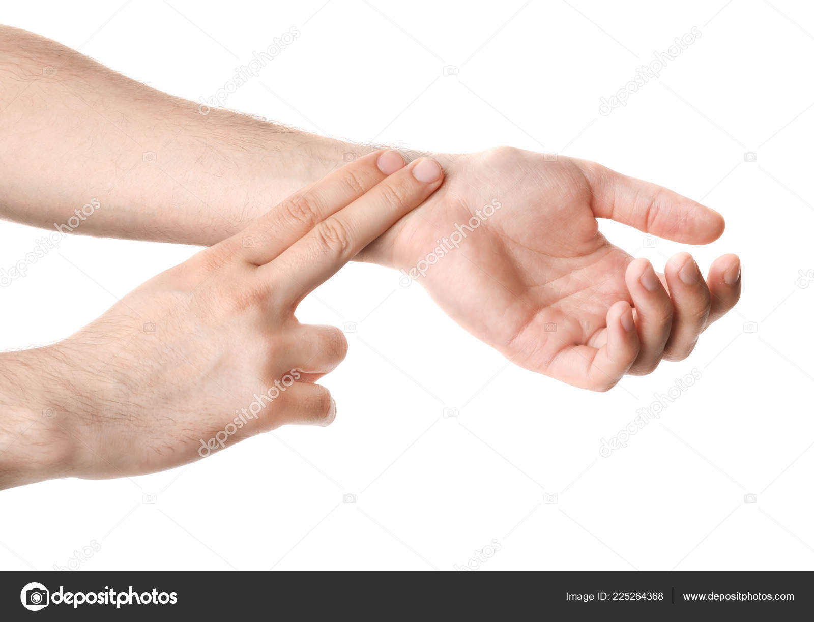 男子检查手腕上的脉搏与白色背景特写镜头——图库图片© NewAfrica #225264368