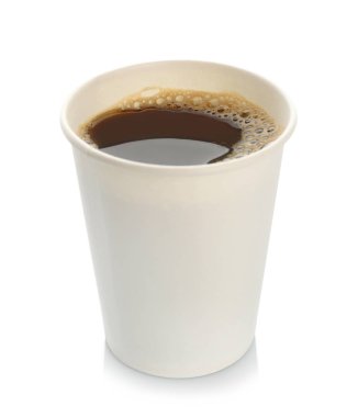 Paket servisi olan restoran kağıt bardak beyaz arka plan üzerinde aromatik kahve. Alan tasarımı için