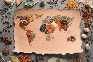 Kağıt, düz gri arka plan üzerinde farklı aromatik baharat yapılan Dünya Haritası ile yatıyordu