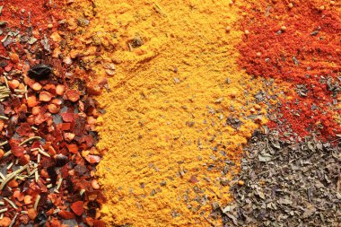 Arka plan, üstten görünüm olarak farklı Aromatik baharatlar