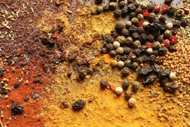 Arka plan, üstten görünüm olarak farklı Aromatik baharatlar