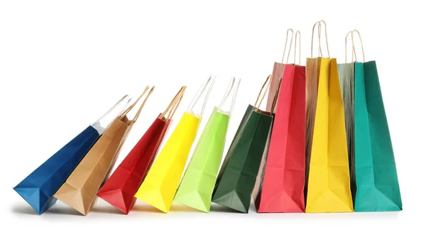 Bolsas Compras Papel Colores Sobre Fondo Blanco — Foto de Stock