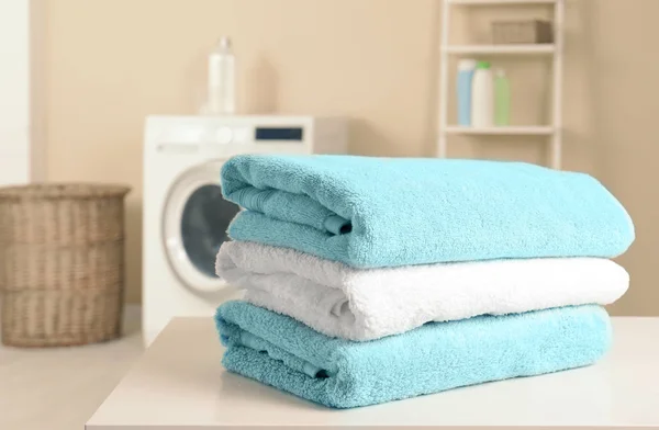 Stack Clean Soft Towels Table Laundry Room Space Text — Stock Photo, Image