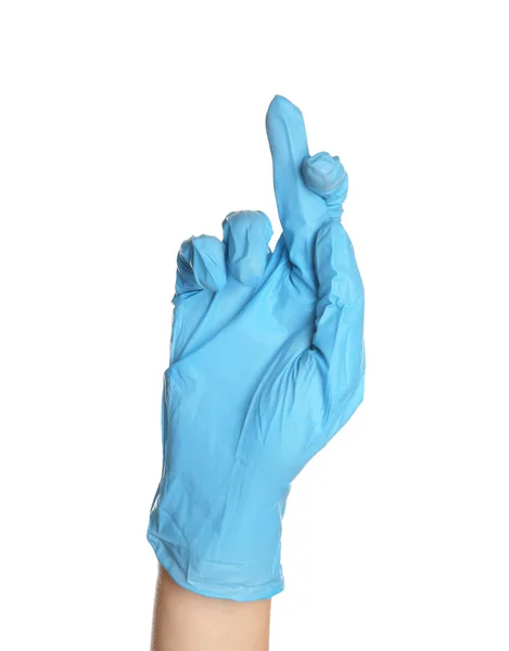 Doctor Medical Glove Keeping Fingers Crossed White Background — Stock Photo, Image