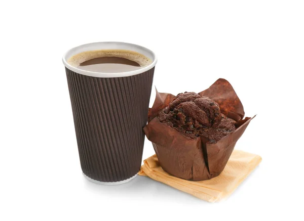 Aromatic Coffee Takeaway Paper Cup Tasty Muffin White Background — Stock Photo, Image