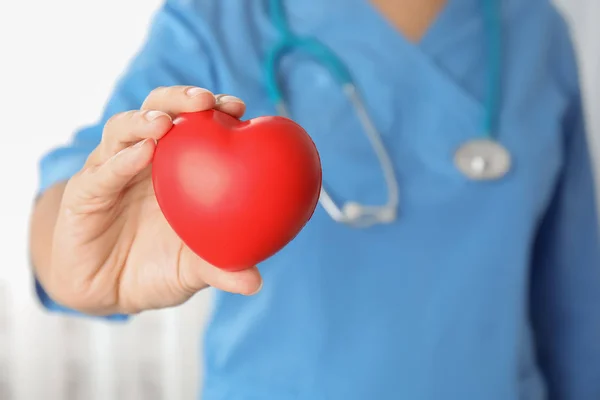 Doctor Holding Red Heart Hand Closeup Helping Supporting Concept — Stock Photo, Image