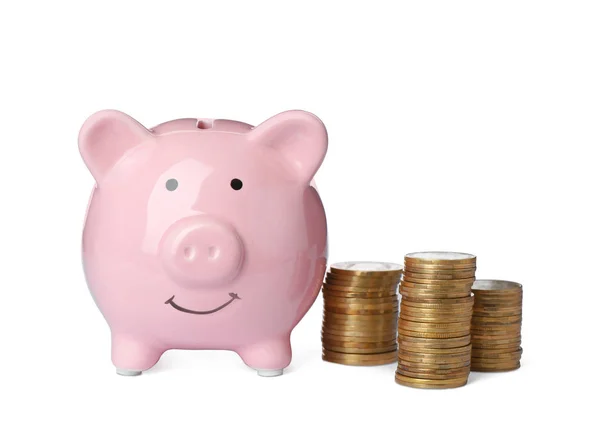Piggy Bank Coins Isolated White — Stock Photo, Image