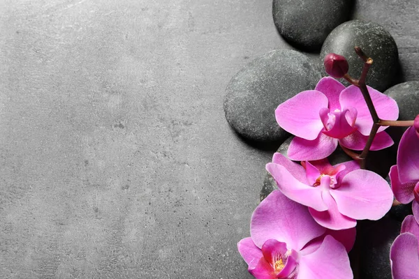 Σύνθεση Πέτρες Spa Και Orchid Λουλούδια Γκρι Φόντο Χώρο Για — Φωτογραφία Αρχείου