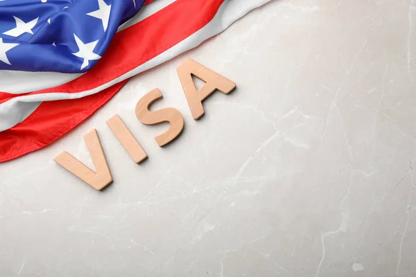 Flat Lay Composition Word Visa Flag Usa Gray Background Space — Stock Photo, Image