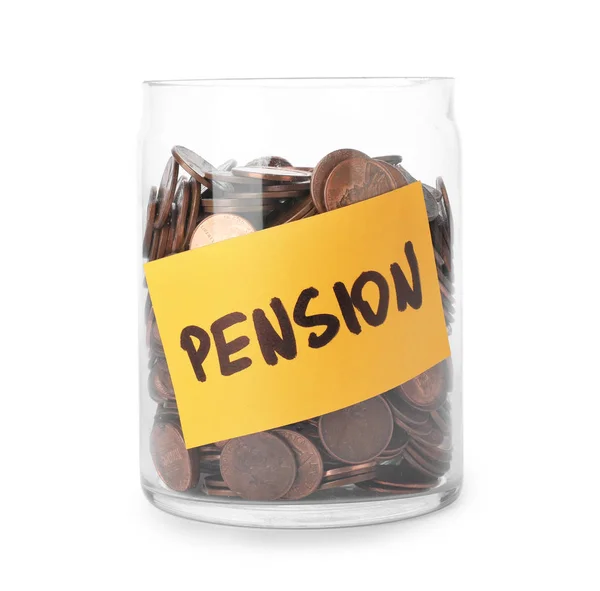 Mynt Glasburk Med Etiketten Pension Vit Bakgrund — Stockfoto