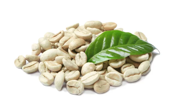 Groene Koffiebonen Verse Leaf Witte Achtergrond — Stockfoto