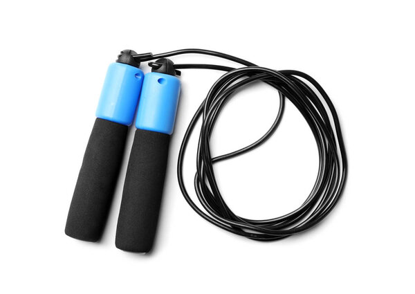 Jump rope on white background, top view