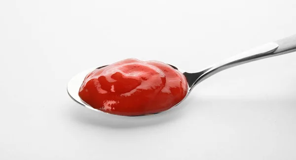 Tasty Homemade Tomato Sauce Spoon White Background — Stock Photo, Image