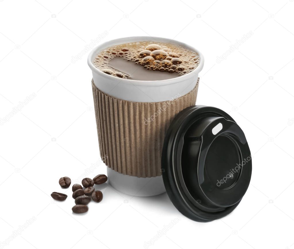 Aromatic coffee in takeaway paper cup with lid and beans on white background
