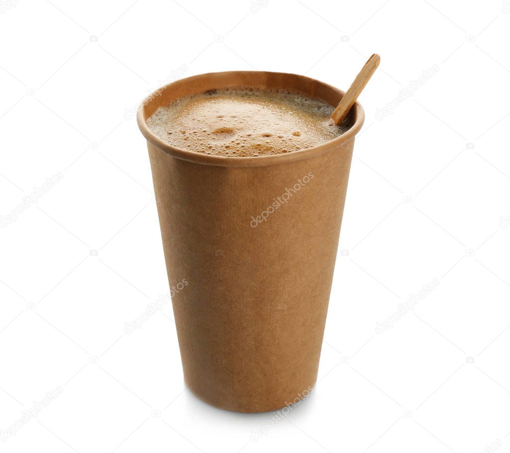 Aromatic coffee in takeaway paper cup on white background. Space for design