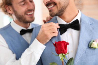 Evde çiçek ile mutlu yeni evli gay çift