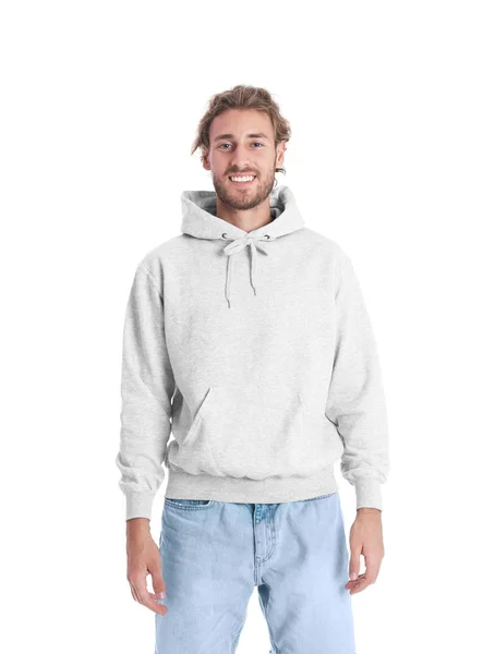 Πορτραίτο Του Ανθρώπου Hoodie Πουλόβερ Άσπρο Φόντο Χώρος Για Σχεδίαση — Φωτογραφία Αρχείου