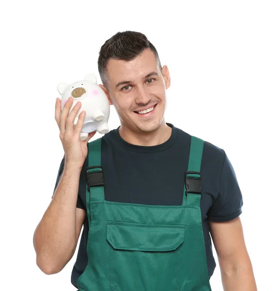 Portret Van Mannelijke Werknemer Uniform Met Spaarvarken Witte Achtergrond — Stockfoto