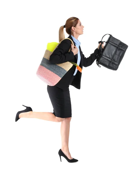 Businesswoman Briefcase Beach Bag Running White Background Combining Life Work — Stock Photo, Image