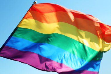 Gökkuşağı Lgbt bayrağı mavi gökyüzü arka planda çırpınan. Eşcinsel hakları hareketi