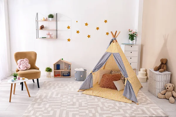 Acogedor Interior Habitación Los Niños Con Tienda Juegos Juguetes — Foto de Stock