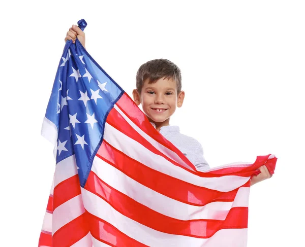 Portrait Cute Little Boy American Flag White Background — Stock Photo, Image