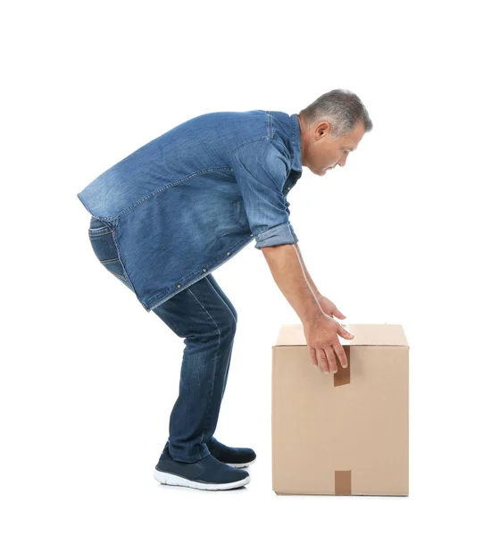 Full Length Portrait Mature Man Lifting Carton Box White Background — Stock Photo, Image