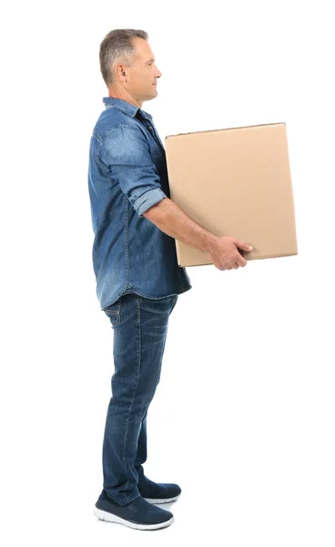 Retrato Comprimento Total Homem Maduro Carregando Caixa Papelão Fundo Branco — Fotografia de Stock