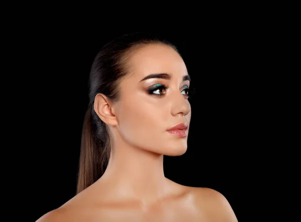 Portrait Young Woman Eyelash Extensions Beautiful Makeup Black Background — Stock Photo, Image